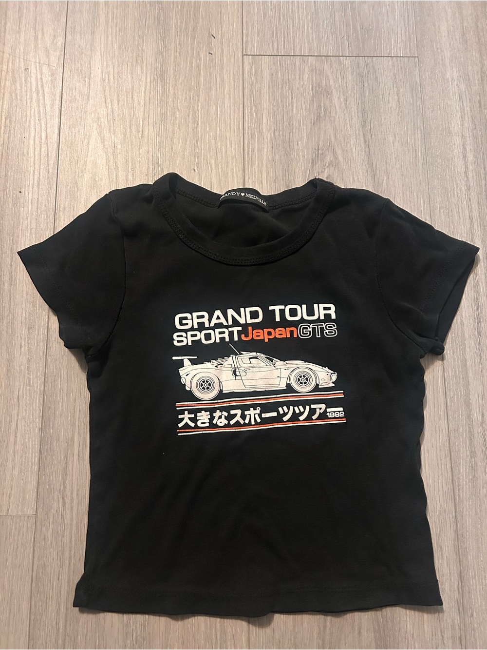 Brandy Melville Black Graphic Crop Tee with White & Orange Print